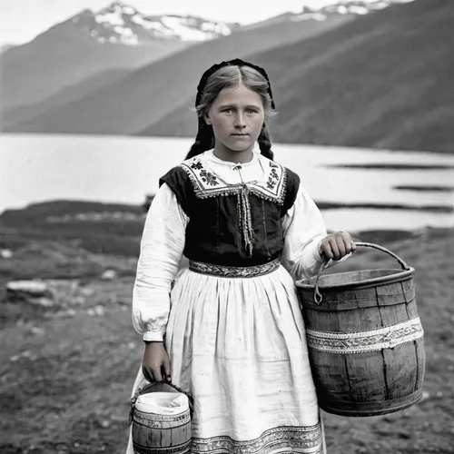 A young girl posing in her folk costume from Hardanger, Hordaland, Norway in 1908. Water yoke and wooden buckets for carrying water. | Photo: Solveig Lund - digitaltmuseum NF.25780-088 - Public domain