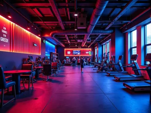 Vibrant fitness club, energetic atmosphere, bold color scheme, neon hues, electric blue tones, fiery red accents, metallic silver details, sleek modern equipment, motivational quotes, industrial-chic 