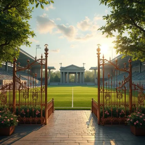 Neoclassical sports field, copper accents, ornate gates, grand entrance, symmetrical layout, lush green grass, vibrant flowers, majestic trees, sunny afternoon, warm light, dramatic shadows, copper-to