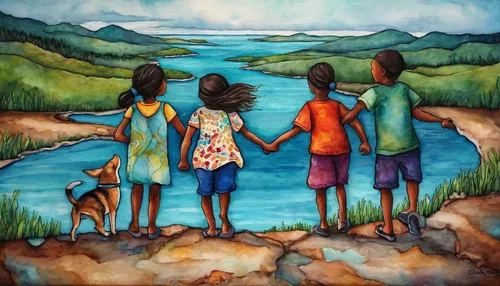 river of life project,indigenous painting,oil painting on canvas,travelers,oil on canvas,walk with the children,david bates,khokhloma painting,oil painting,first nation,island group,art painting,hikers,seven citizens of the country,group of people,people in nature,kids illustration,the people in the sea,children drawing,people walking,Conceptual Art,Daily,Daily 34