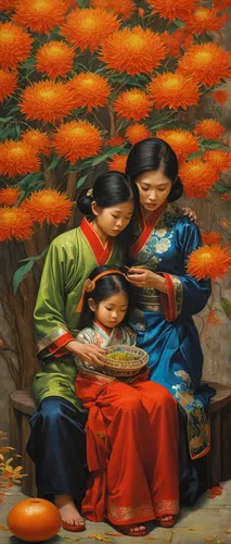 chinese art,oriental painting,mother with children,mother and children,oil painting on canvas,korean culture,the mother and children,hippophae,oil painting,children studying,khokhloma painting,holy family,luo han guo,yunnan,girl picking apples,little girl and mother,girl picking flowers,viet nam,dongfang meiren,chrysanthemum exhibition,Illustration,Realistic Fantasy,Realistic Fantasy 08