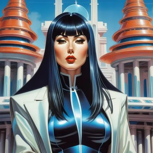 beautiful futuristic priestess with bangs and long black hair dressed in long coat in futuristic temple
,sci fiction illustration,goddess of justice,head woman,detail shot,priestess,cybernetics,fantas