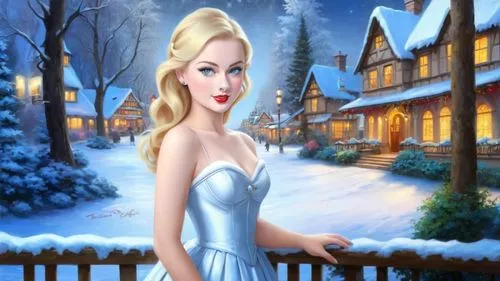 Romantic masterpiece oil painting, cute girl portrait, nostalgic 1950's style kitsch, breathtaking beautiful winter kingdom landscape, majestic fantasy scenery, evening lighting, highly detailed highr