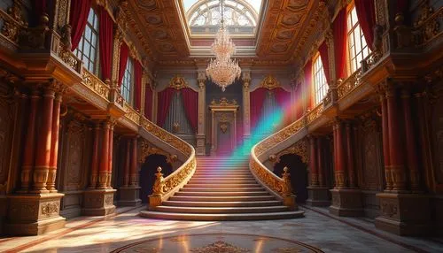 Ornate Baroque palace, grand staircase, vibrant colored glass chandelier, refracting rainbow hues, intricate stone carvings, golden ornaments, red velvet drapes, marble floors, lavish furnishings, orn