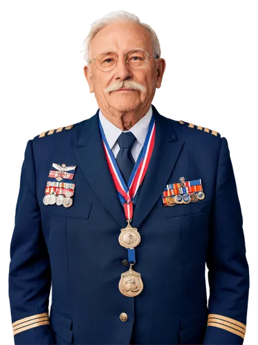 American veteran, old man, solo, (70yo), dignified expression, white hair, mustache, medals on chest, navy blue uniform, golden buttons, proud posture, standing, patriotic background, warm sunlight, s