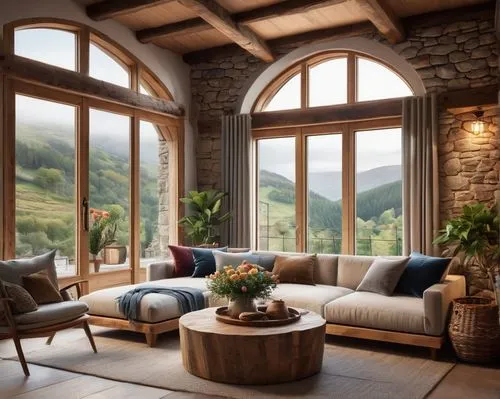 alpine style,house in the mountains,house in mountains,wooden windows,the cabin in the mountains,sunroom,beautiful home,wooden beams,luxury home interior,living room,chalet,rustic aesthetic,loggia,sitting room,wood window,log home,french windows,fireplaces,home landscape,livingroom,Conceptual Art,Fantasy,Fantasy 17