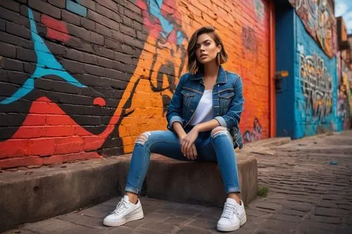 jeans background,brick wall background,denim background,portrait background,brick background,colorful background,denim jacket,girl in overalls,red brick wall,portrait photography,girl sitting,denim,blue shoes,red wall,denim jumpsuit,city ​​portrait,photographic background,concrete background,jeans,high jeans,Photography,General,Sci-Fi