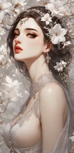 an art portrait of a  woman in a gray dress and veil,white blossom,fallen petals,white rose snow queen,white lilac,white lady,white petals