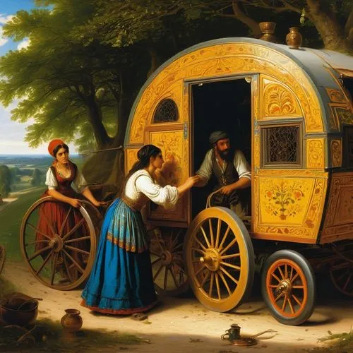 caravan,caravanning,covered wagon,christmas caravan,caravans,mobile home,Art,Classical Oil Painting,Classical Oil Painting 16