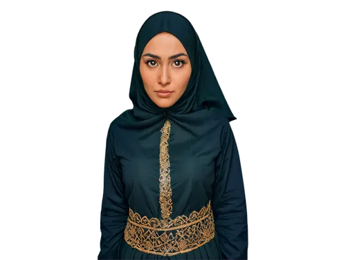 Muslim woman, burka dress, long sleeve, floor-length, black fabric, intricate embroidery, golden thread, hijab, serious facial expression, brown eyes, thick eyebrows, soft lighting, 3/4 composition, s