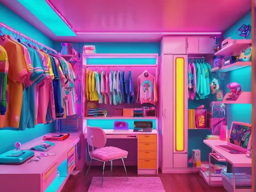 closet,neon colors,women's closet,wardrobe,walk-in closet,neon,neon candies,80's design,ufo interior,laundry shop,the little girl's room,laundry room,80s,kids room,pastel colors,store,colorful light,clothes,dressing room,changing room,Conceptual Art,Sci-Fi,Sci-Fi 28