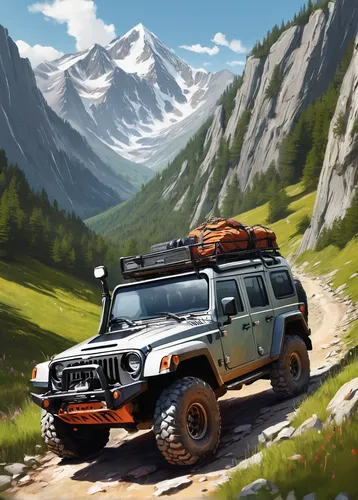 Sketch a rugged off-road vehicle conquering a rugged mountain trail.,toyota fj cruiser,mercedes-benz g-class,jeep rubicon,alpine crossing,jeep wrangler,jeep,land-rover,alpine route,jeep cherokee (xj),