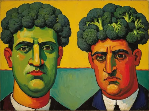 Compose a humorous dialogue between two broccoli heads discussing their favorite ways to be cooked.,rapini,romanescu,lacinato kale,vegetables,broccoli,heads,green paprika,parsley family,vegetable,broc