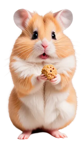 Fluffy hamster, white fur, pink nose, cute whiskers, standing on hind legs, front paws holding food, tiny eyes, rounded ears, soft lighting, shallow depth of field, warm color tone, 3/4 composition, a