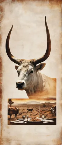 Imagine a rustic Long Horn menu that transports diners to the heart of the Wild West.,texas longhorn,watusi cow,aurochs,tribal bull,hartebeest,oxen,mountain cow,cape buffalo,horned cows,ruminant,wilde