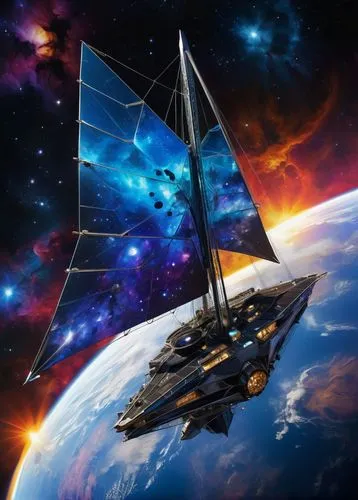 suspended in space, floating in space,  Metallic traditional Braque ship, futuristic metal hull, with three or more masts and fore mast, mainmast and additional masts rigged square and only the aftmos