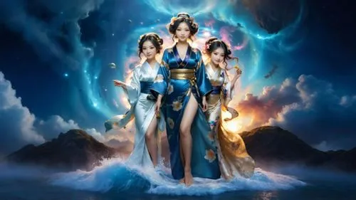 create a photo realistic image of three beautiful  Japanese very voluptuous goddesses. All three are floating in the void near a nebula in the back ground. All three females have beautiful angelic-lik