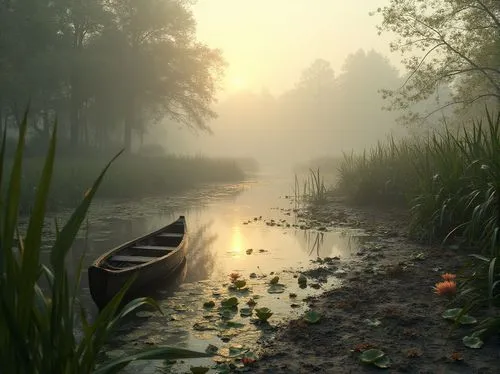 Wetland ecosystem, misty morning, shallow water reflection, tall reeds swaying gently, diverse aquatic plants, blooming water lilies, muddy shore, wooden pier, old wooden canoe, serene atmosphere, sof