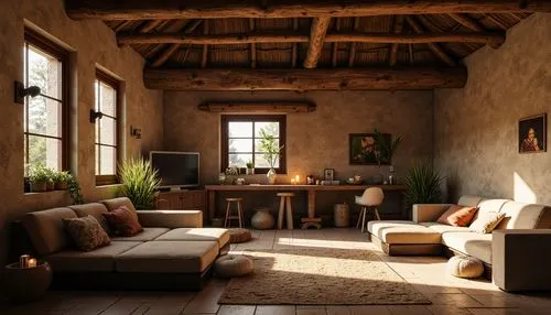 home interior,sitting room,living room,3d rendering,loft,livingroom,rustic,render,interior decor,3d rendered,interiors,3d render,rustic aesthetic,interior design,interior decoration,wooden beams,boho art style,luxury home interior,habitaciones,contemporary decor