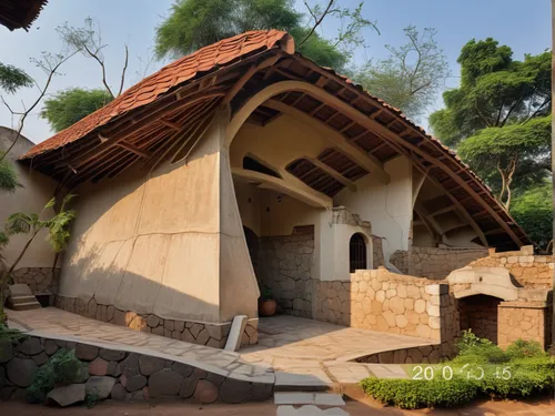 scale it down to a  human size in a clear gold feild with a car inside used as a car shed us contrasting colors
 ,cave church,stone oven,roof domes,nativity village,brick-kiln,roof structures,asian ar