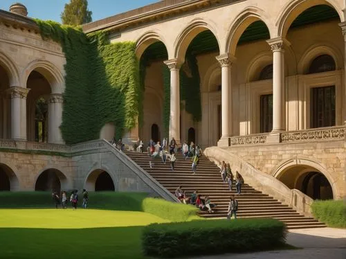 stanford university,stanford,alcazar of seville,sapienza,cloisters,caltech,universita,villa cortine palace,mirogoj,villa d'este,abbaye de belloc,peristyle,cloister,certosa,philbrook,celsus library,pedralbes,monastery garden,fiesole,alhambra,Art,Classical Oil Painting,Classical Oil Painting 06