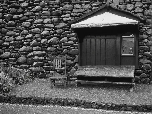 Title: Small World 1, Camera: Mamiya RB 67 Pro SD, Lens: Sekor 50 mm, Film: Kodak T-Max 100, Exposure: 1/15, f 16, Harris, Scotland, 2014,japanese shrine,outdoor bench,stone bench,old chair,garden ben