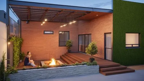 TERRACE, GREEN WALL, STEPS, BRICK, LED LIGHT, PERGOLA, WINDOWS, PLANTS, MODERN PATIO, LAMINATE FLOOR. CAMPFIRE, PEOPLE
,two people sitting outside on wooden steps next to a fire,garden design sydney,l