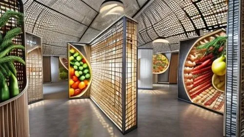 preserved food,pantry,wine cellar,chefs kitchen,chilli pods,ufo interior,the interior of the,restaurant bern,tile kitchen,kitchen interior,a museum exhibit,futuristic art museum,west indian gherkin,kitchen shop,mosaic glass,spice market,elevators,food storage,saladitos,kitchen design