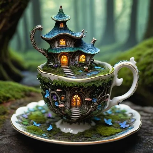 fairy house,tea set,teacup,tea zen,tea cup,miniature house,tea service,asian teapot,coffeepots,cup and saucer,tea pot,porcelain tea cup,3d render,fairy village,tea party collection,a cup of tea,japanese tea,japanese tea set,coffee tea illustration,watercolor tea set,Illustration,Realistic Fantasy,Realistic Fantasy 03