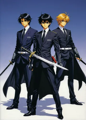 Suits with Swords.,swordsmen,clamp,detective conan,the three magi,evangelion unit-02,three kings,police uniforms,officers,evangelion evolution unit-02y,lancers,three d,holy three kings,musketeers,sail