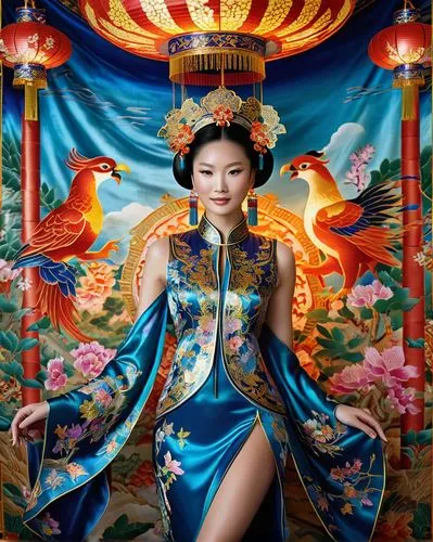 (Exotic, Chinoiserie-Cloisonist Dreamtapestry art by myself, inspired by the mystique of ancient_oriental_trade_routes and the allure of precious_metals :1.5), (a ravishing_beauty, her body an intrica