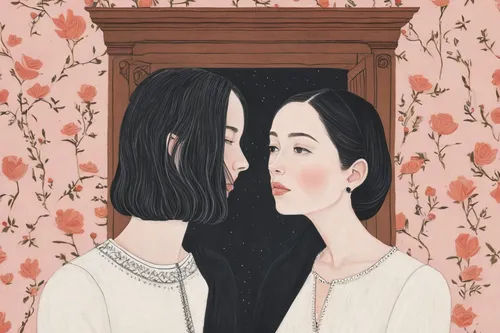 two girls,young couple,romantic portrait,girl kiss,kimjongilia,the mirror,two people,shirakami-sanchi,janome chow,the long-hair cutter,red string,camera illustration,book illustration,couple,frame illustration,han thom,mirror in the meadow,bell jar,whispering,into each other,Illustration,Abstract Fantasy,Abstract Fantasy 05