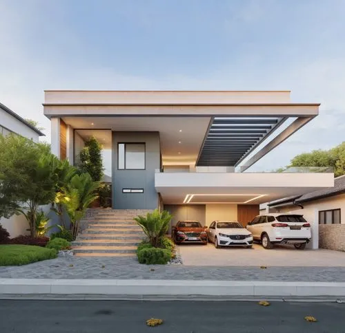 Architecture Design,a modern looking house with a car parked at the bottom of it,modern house,mid century house,modern architecture,eichler,driveways,fresnaye,Photography,General,Realistic