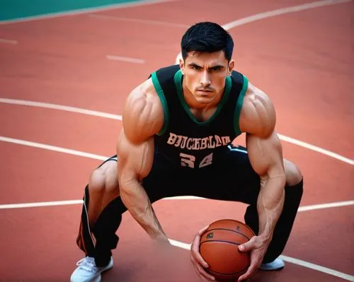 Muscular man, athletic build, serious expression, short black hair, sharp facial features, strong jawline, intense gaze, sporty wear, sleeveless jersey, athletic pants, sports shoes, basketball court,