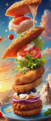 Compose a cheerful poem praising the heavenly taste of a crispy cutlet prepared by a talented chef.,burger king premium burgers,flying food,burger king grilled chicken sandwiches,chicken burger,salmon