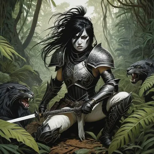 huntress,female warrior,zira,pantha,dark elf,warrior woman,Illustration,Black and White,Black and White 01