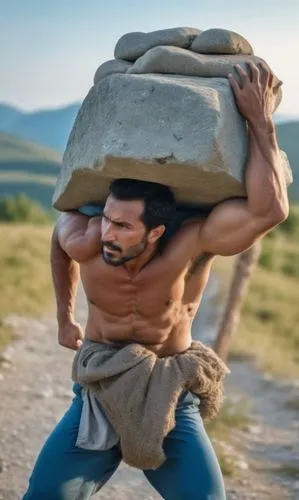 a man carries a heavy stone on his back, he wears shirt and trousers,the man has a bag of sand in his back,sandbag,kabbara,strongman,balanced boulder,sisyphus,kabaddi,Photography,General,Realistic