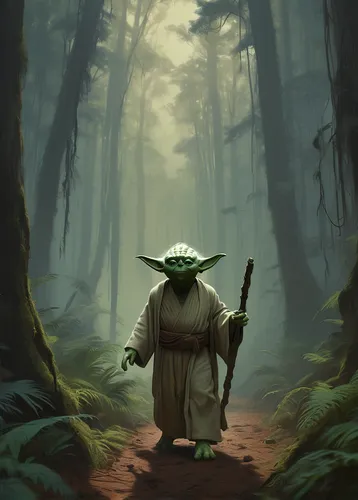 yoda,cg artwork,jedi,luke skywalker,wicket,starwars,star wars,patrol,force,the mystical path,the wanderer,aaa,lightsaber,the path,in the forest,ramsons,forest path,rots,green forest,obi-wan kenobi,Conceptual Art,Fantasy,Fantasy 01