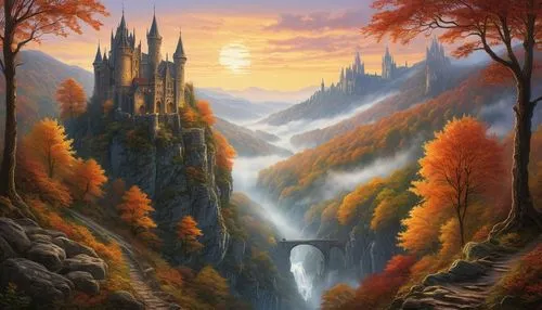 fantasy landscape,autumn mountains,rivendell,fantasy picture,gondolin,autumn landscape,fall landscape,elves country,mountainous landscape,mountain landscape,autumn scenery,nargothrond,autumn background,fantasy art,landscape background,autumn idyll,mountain scene,beautiful landscape,erebor,the valley of the,Illustration,Retro,Retro 24