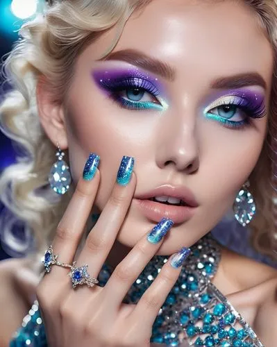 Pisces constellation inspired nails, glamorous woman, 25yo, beautiful detailed eyes, shiny blue eye shadow, bold eyeliner, curly blonde hair, sparkly silver glitter eyeshadow, galaxy patterned nail ar