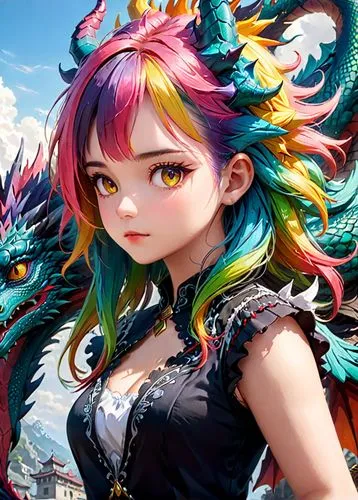 fantasy girl,fairy peacock,3d fantasy,fae,rainbow unicorn,fantasy portrait,fantasy art,fairy tale character,unicorn and rainbow,game illustration,dragon li,anime girl,painted dragon,colorful background,rainbow background,anime 3d,griffon bruxellois,vanessa (butterfly),unicorn art,corsair,Anime,Anime,General