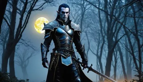 Moranth, dark elf, male, slender build, pale blue skin, piercing yellow eyes, black hair, intricate braids, pointed ears, lean chest, tight waist, athletic legs, leather armor, silver trim, ornate swo