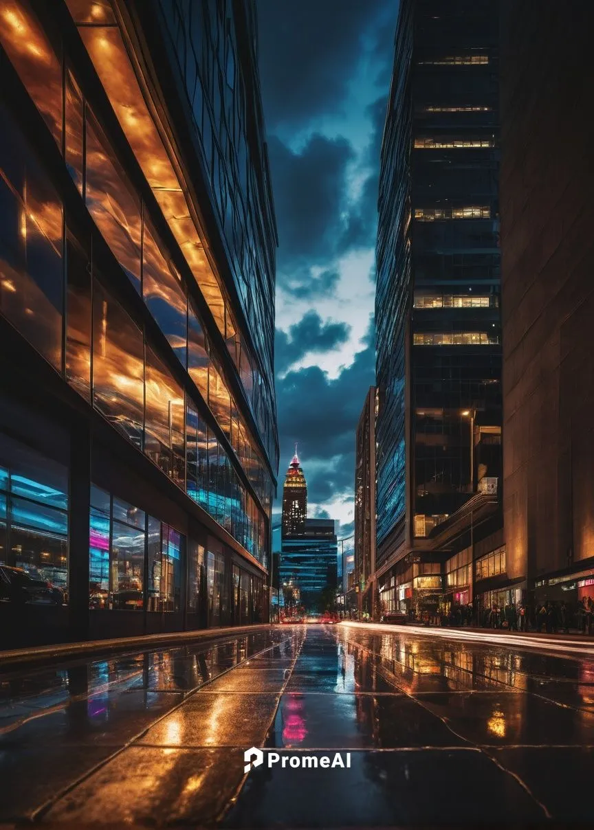 Modern skyscraper, sleek glass exterior, metallic frame, angular edges, vibrant city lights reflecting off windows, busy streets below, pedestrian crossing, urban landscape, concrete pavement, evening