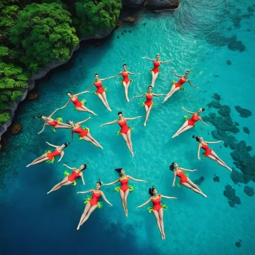 Imagine a vibrant tropical paradise where a group of water ballet team flaunt their stylish micro bikinis.,synchronized swimming,floating over lake,island suspended,island group,flying island,kawaii p