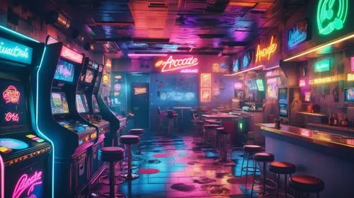 A Retro Arcade Bar with Full Neon Immersion, An architectural rendering of a retro 80's arcade bar with an immersive neon design. The interior features a glowing green neon kryptonite art piece as the