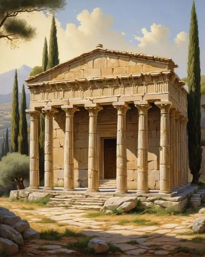 greek temple,roman temple,temple of diana,artemis temple,panagora,acropolis,tempio,laodicea,metapontum,capitolium,erechtheus,erechtheion,house with caryatids,celsus library,temple of hercules,caesonia,messene,palmyra,segesta,propylaea,Art,Classical Oil Painting,Classical Oil Painting 23