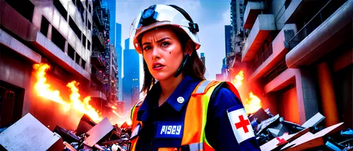 Destroyed buildings, rubble, debris scattered, rescue team, helmet, reflective vest, first aid kit, worried facial expression, dramatic lighting, 3/4 composition, low-angle shot, sense of urgency, rea