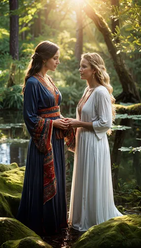 two women stand in the middle of the forest, talking,handmaiden,celtic woman,handfasting,handmaidens,kupala,lughnasa,polynices,diviners,priestesses,frasers,neopagans,frigga,druidry,tolkein,matriarchs,