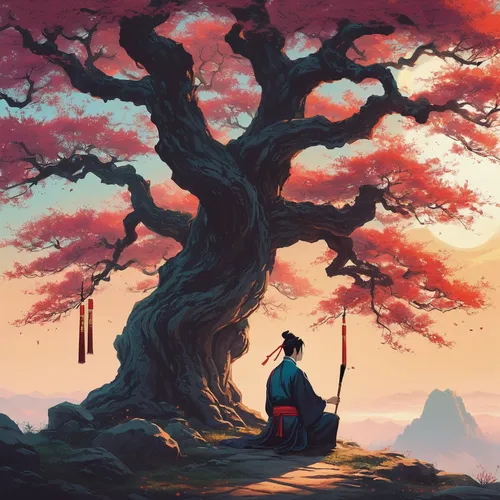 the japanese tree,red tree,lone tree,isolated tree,tree of life,studio ghibli,magic tree,flourishing tree,sakura tree,old tree,tree,bonsai,bodhi tree,a tree,the girl next to the tree,tree with swing,wondertree,oak tree,japanese sakura background,rosewood tree,Conceptual Art,Fantasy,Fantasy 32