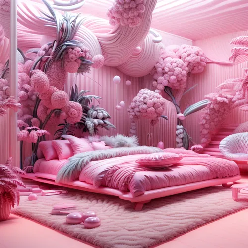 3d fantasy,3d render,sleeping room,pink grass,pink paper,3d background,pink scrapbook,fractal environment,the little girl's room,bedroom,canopy bed,virtual landscape,bed in the cornfield,color pink white,dreamland,soft furniture,duvet cover,pink squares,render,color pink